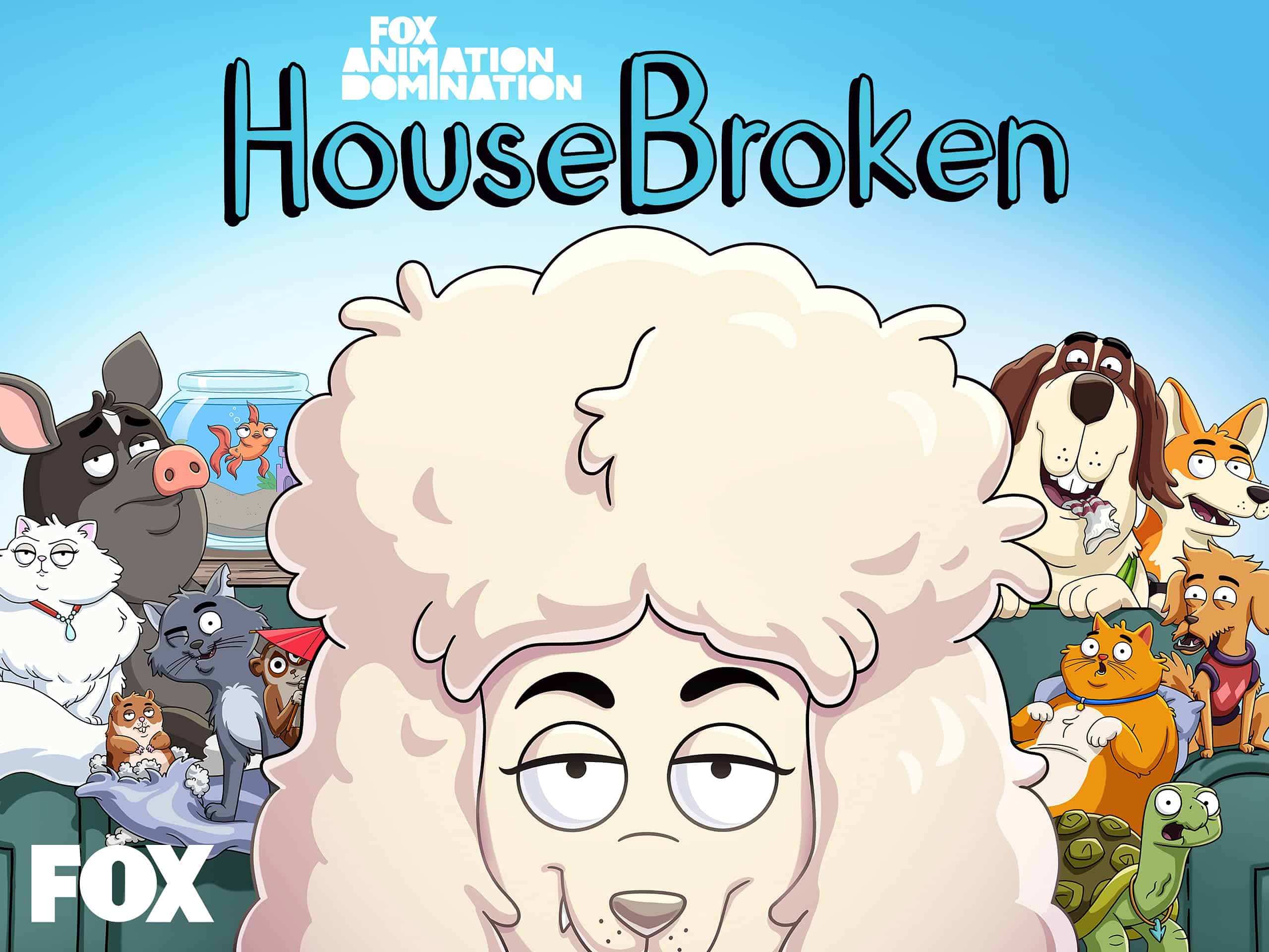 HOUSEBROKEN, from left: Max (voice: Tony Hale), Nibbles (voice: Bresha  Webb), Honey (voice: Lisa Kudrow), Elsa (voice: Clea Duvall), Tabitha  (voice: Sharon Horgan), Shel (voice: Will Forte), Who's a Scaredy Cat?, ( Season