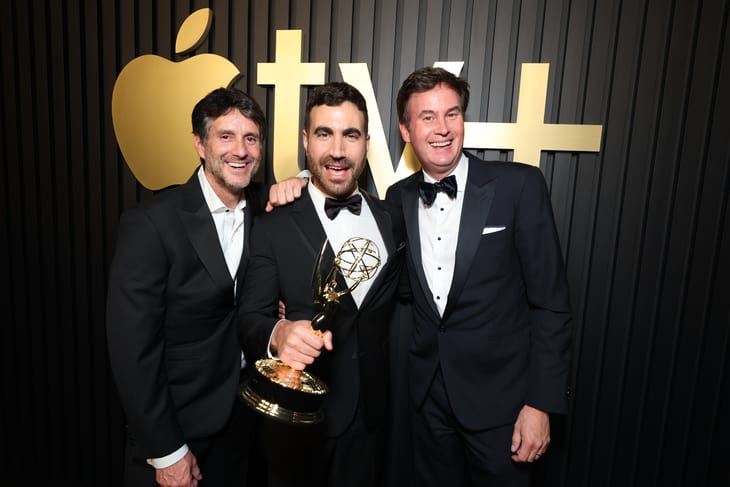 Jamie Erlicht, Head of Worldwide Video at Apple TV+, Brett Goldstein and Zack Van Amburg, Head of Worldwide Video at Apple TV+, attend the Apple TV+ Primetime Emmy Reception Red Carpet at Mother Wolf.
