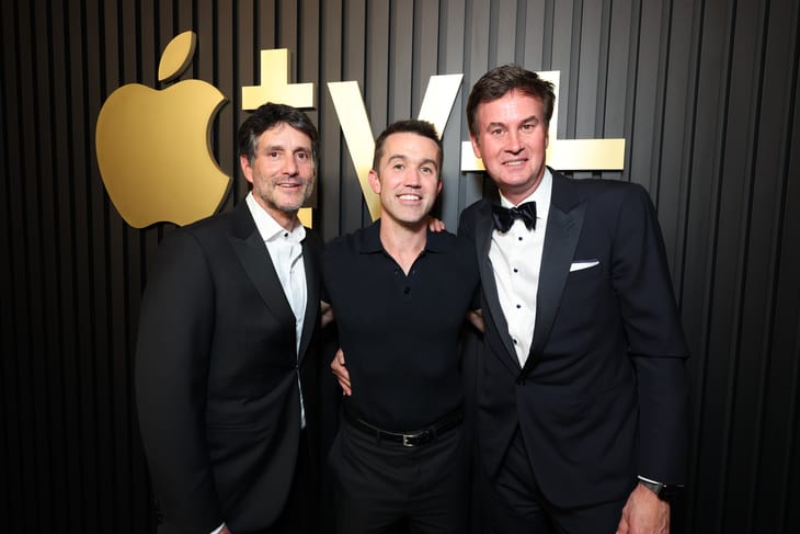Jamie Erlicht, Head of Worldwide Video at Apple TV+, Rob McElhenney and Zack Van Amburg, Head of Worldwide Video at Apple TV+, attend the Apple TV+ Primetime Emmy Reception Red Carpet at Mother Wolf.