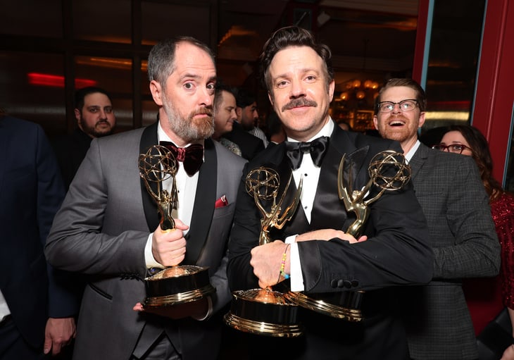 Brendan Hunt and Jason Sudeikis attend the Apple TV+ Primetime Emmy Reception Red Carpet at Mother Wolf.