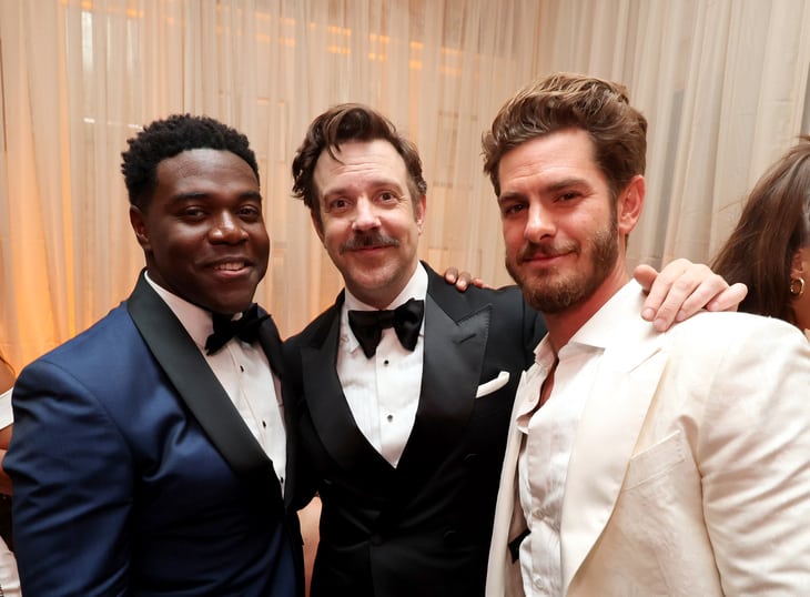 Sam Richardson, Jason Sudeikis and Andrew Garfield attend the Apple TV+ Primetime Emmy Reception Red Carpet at Mother Wolf.