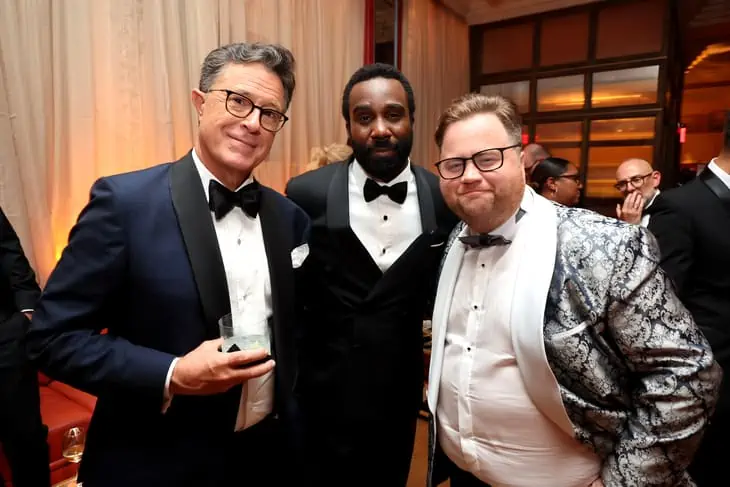Stephen Colbert, Tramell Tillman and Paul Walter Hauser attend the Apple TV+ Primetime Emmy Reception Red Carpet at Mother Wolf.