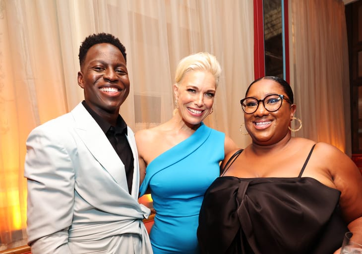 Toheeb Jimoh, Hannah Waddingham and Ashley Nicole Black attend the Apple TV+ Primetime Emmy Reception Red Carpet at Mother Wolf.