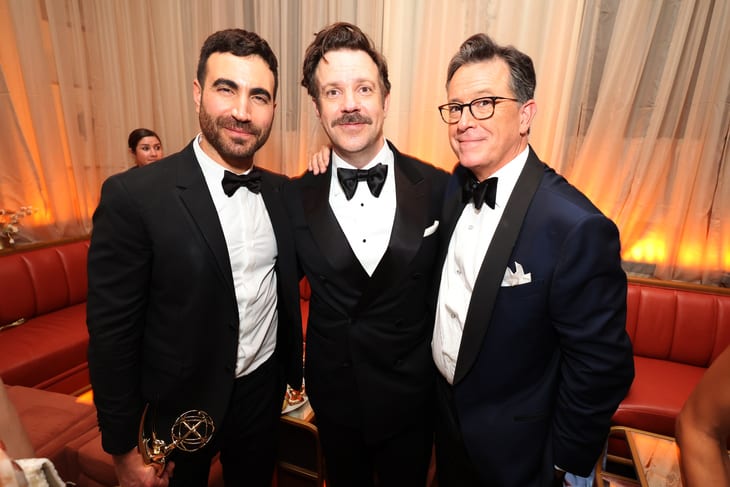 Brett Goldstein, Jason Sudeikis and Stephen Colbert attend the Apple TV+ Primetime Emmy Reception Red Carpet at Mother Wolf.