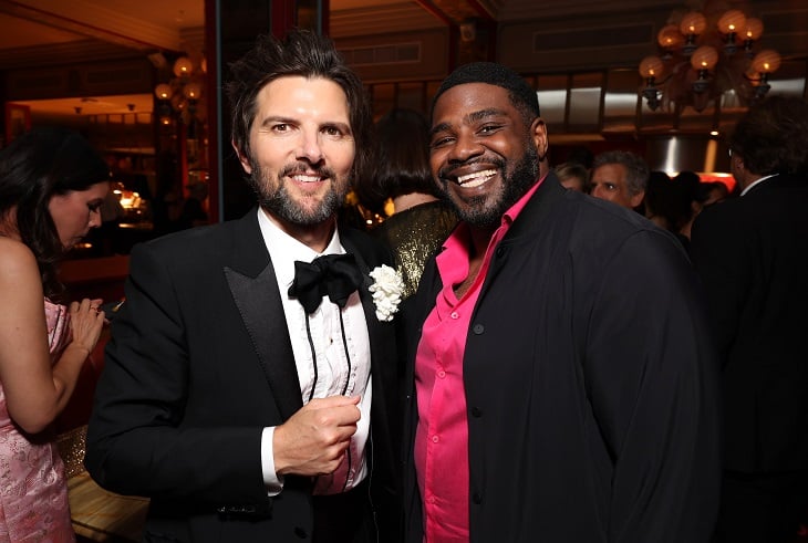 Adam Scott and Ron Funches attend the Apple TV+ Primetime Emmy Reception Red Carpet at Mother Wolf.