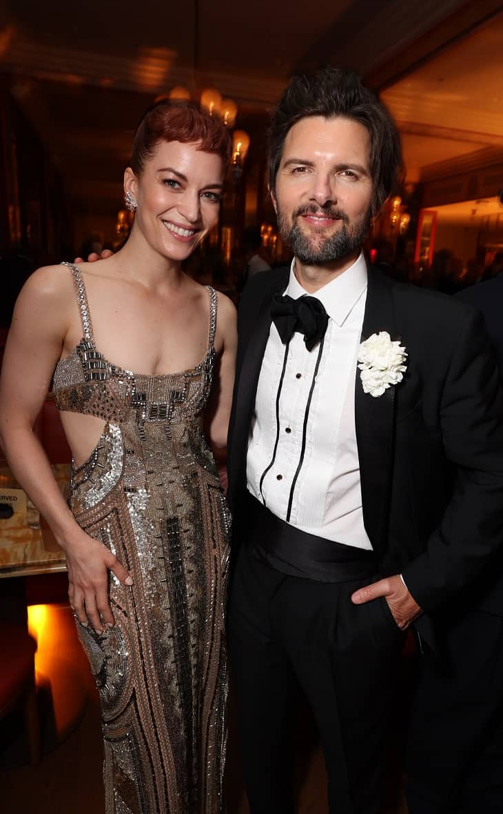 Britt Lower and Adam Scott attend the Apple TV+ Primetime Emmy Reception Red Carpet at Mother Wolf.