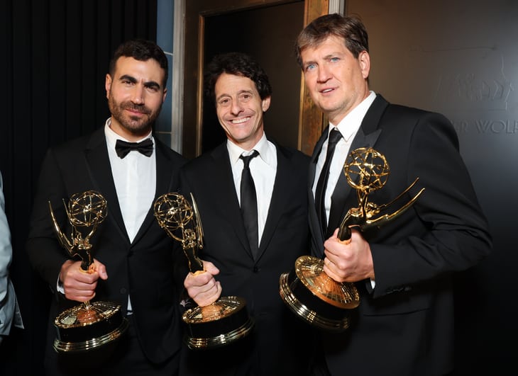 Brett Goldstein, Bill Wrubel and Bill Lawrence attend the Apple TV+ Primetime Emmy Reception Red Carpet at Mother Wolf.
