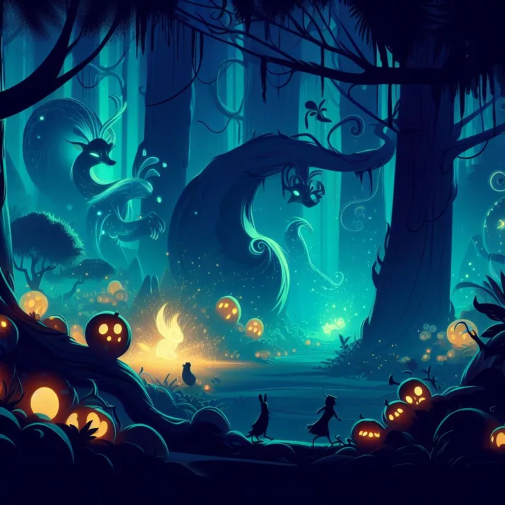Disney-style poster of a mysterious forest with glowing creatures.
