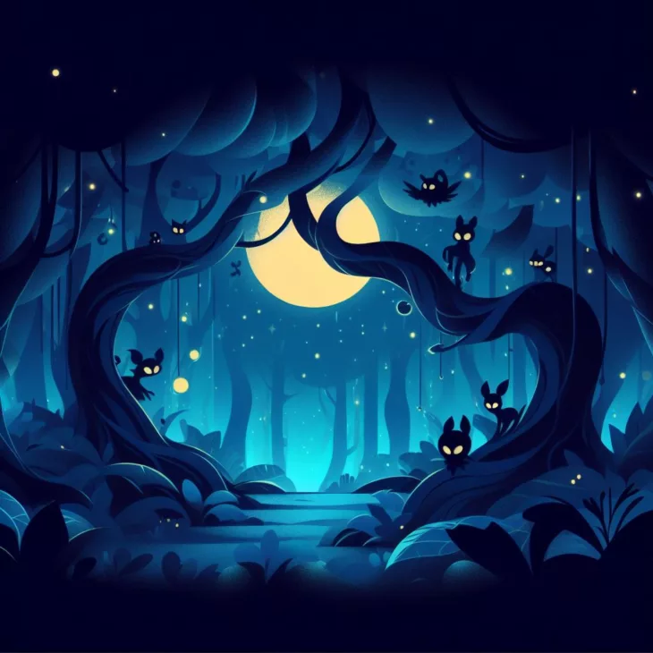 Disney-style poster of a mysterious forest with blue glowing creatures and a golden moon.