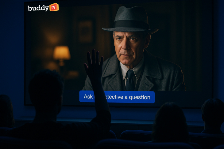 Interactive mystery show scene where audience can ask the detective questions