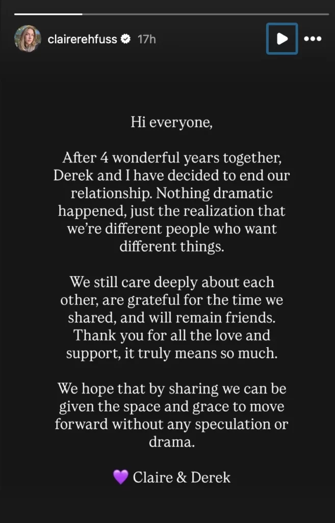 Claire post on Instagram about break up with Derek