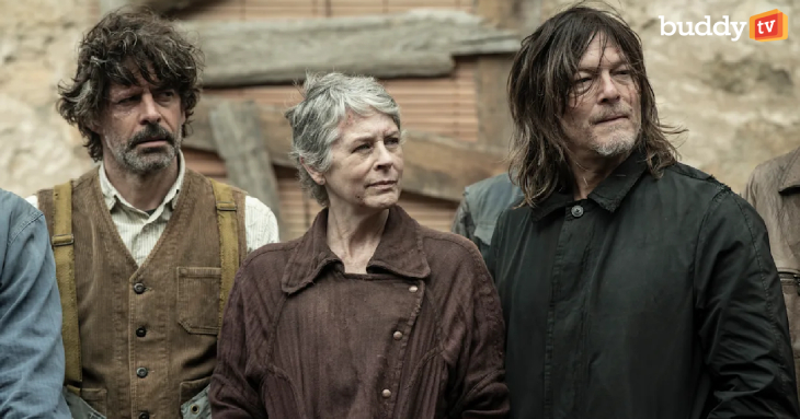 Eduardo Noriega plays Antonio, Melissa McBride plays Carol Peletier and Norman Reedus stars as Daryl Dixon in Season 3 of The Walking Dead: Daryl Dixon. (Manuel Fernandez-Valdes/AMC)