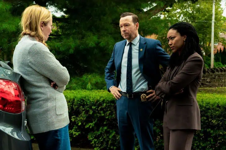 Investigators questioning a witness near parked cars