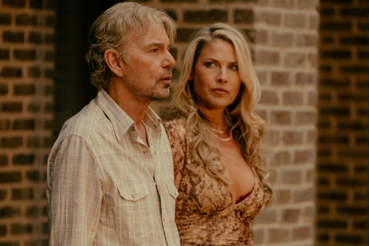 Billy Bob Thornton as Tommy Norris and Ali Larter as Angela Norris in Landman episode 1, season 2
