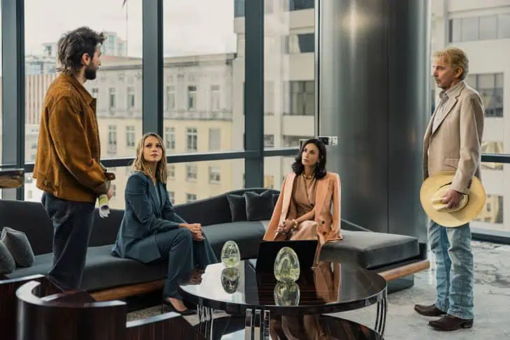 Guy Burnet as Charlie, Kayla Wallace as Rebecca, Demi Moore as Cami and Billy Bob Thornton as Tommy in Landman episode 8, season 2, streaming on Paramount+.