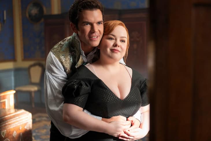 Luke Newton as Colin Bridgerton, Nicola Coughlan as Penelope Bridgerton in episode 401 of Bridgerton