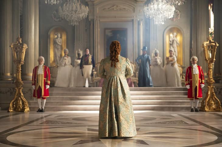 Bridgerton. (L to R) Hugh Sachs as Brimsley, Nicola Coughlan as Penelope Bridgerton, Adjoa Andoh as Lady Danbury in episode 401 of Bridgerton