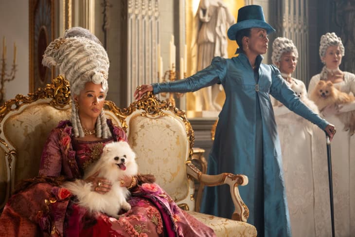 Golda Rosheuvel as Queen Charlotte, Adjoa Andoh as Lady Danbury in episode 401 of Bridgerton.