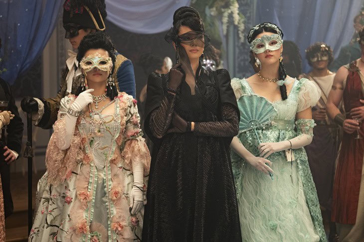 Bridgerton. (L to R) Michelle Mao as Rosamund Li, Katie Leung as Lady Araminta Gun, Isabella Wei as Posy Li in episode 401 of Bridgerton