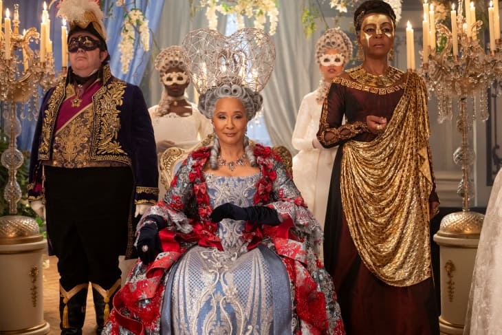 Hugh Sachs as Brimsley, Golda Rosheuvel as Queen Charlotte, Adjoa Andoh as Lady Danbury in episode 401 of Bridgerton.