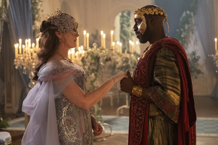 Bridgerton. (L to R) Ruth Gemmell as Lady Violet Bridgerton, Daniel Francis as Lord Anderson in episode 401 of Bridgerton