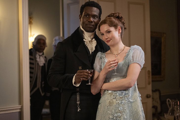Bridgerton. (L to R) Victor Alli as John Stirling, Hannah Dodd as Francesca Bridgerton in episode 404 of Bridgerton