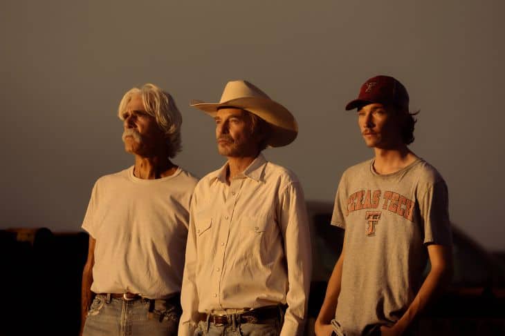 Sam Elliott as T.L., Billy Bob Thornton as Tommy and Jacob Lofland as Cooper in Landman episode 10, season 2, streaming on Paramount+. Photo Credit: Emerson Miller/Paramount+
