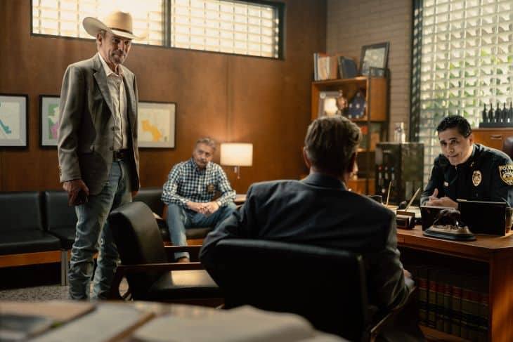 Billy Bob Thornton as Tommy and Mark Collie as Sheriff Joeberg in Landman episode 10, season 2, streaming on Paramount+. Photo Credit: Emerson Miller/Paramount+